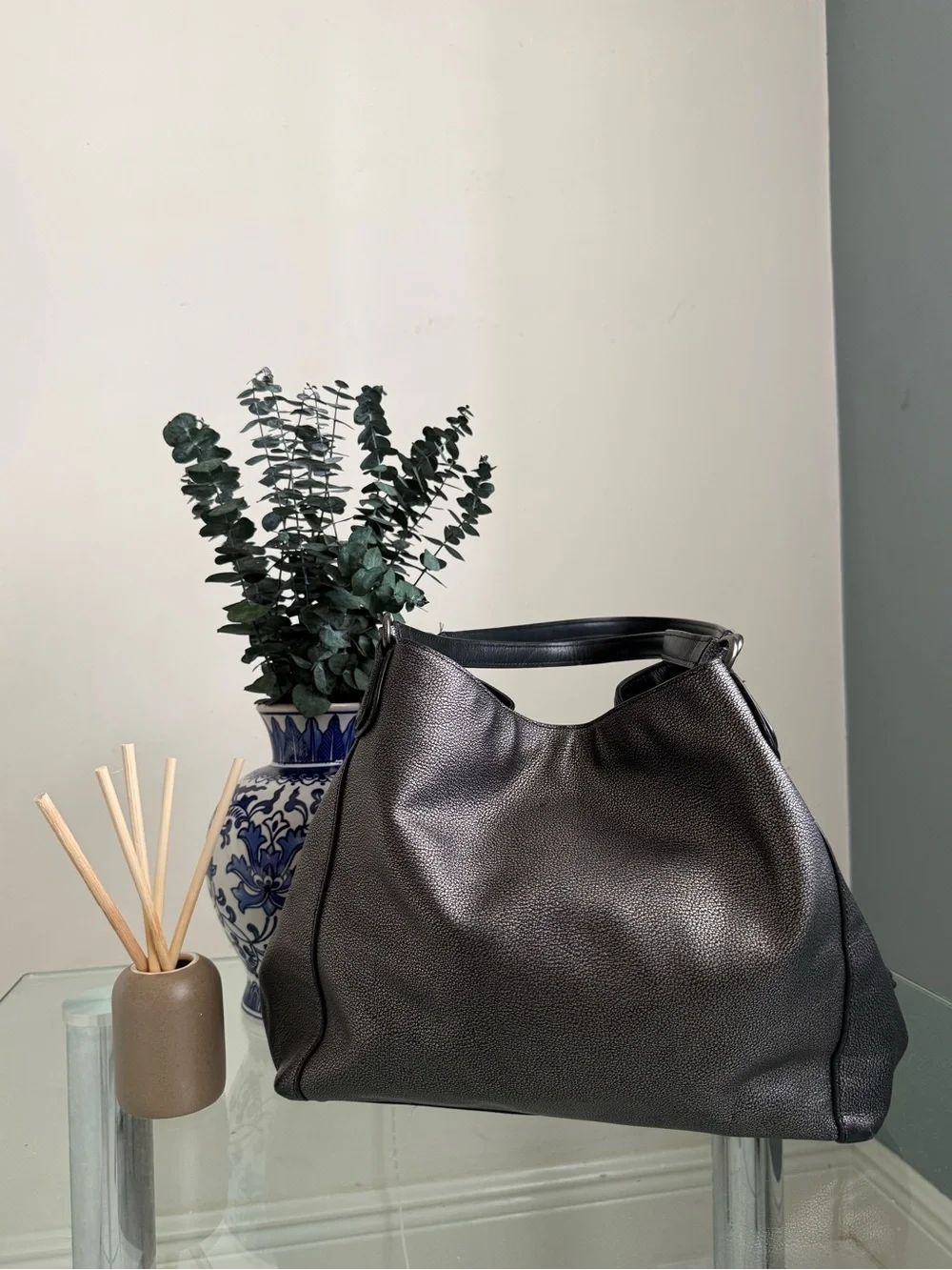 Coach Metallic Charcoal Pebbled Leather Shoulder Bag